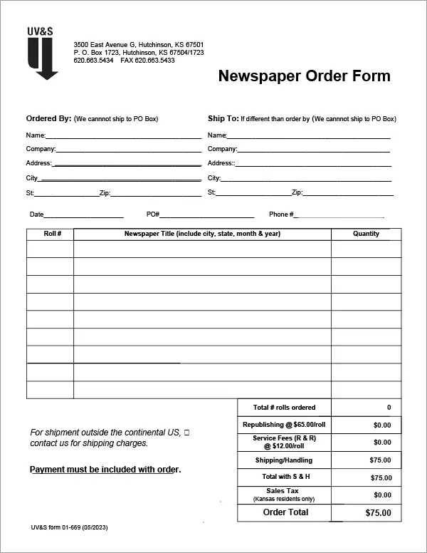 UV&S Newspaper Order Form