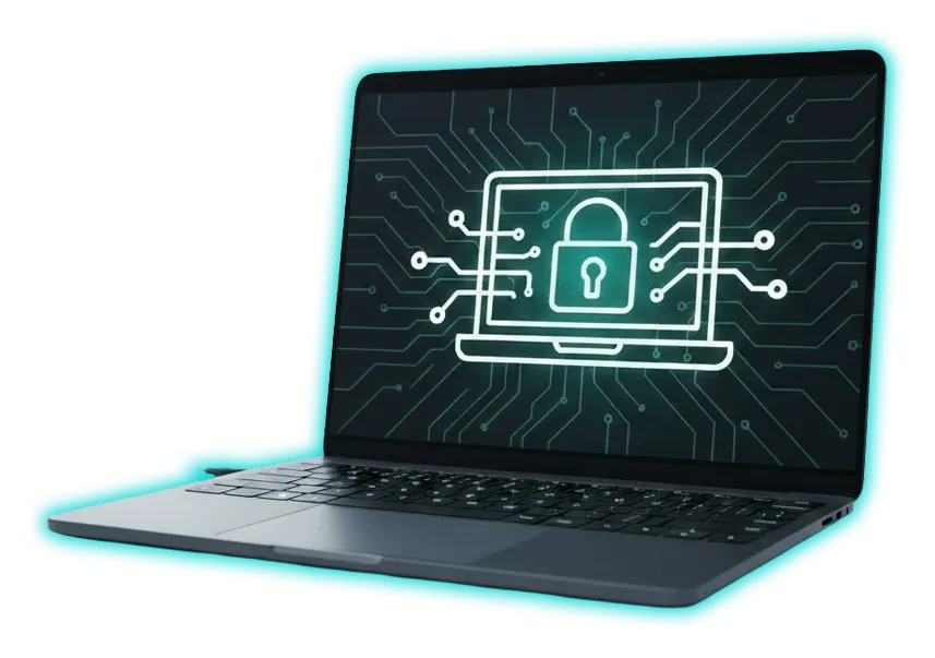 Laptop graphic showing cybersecurity lock icon representing secure hardware and software solutions.